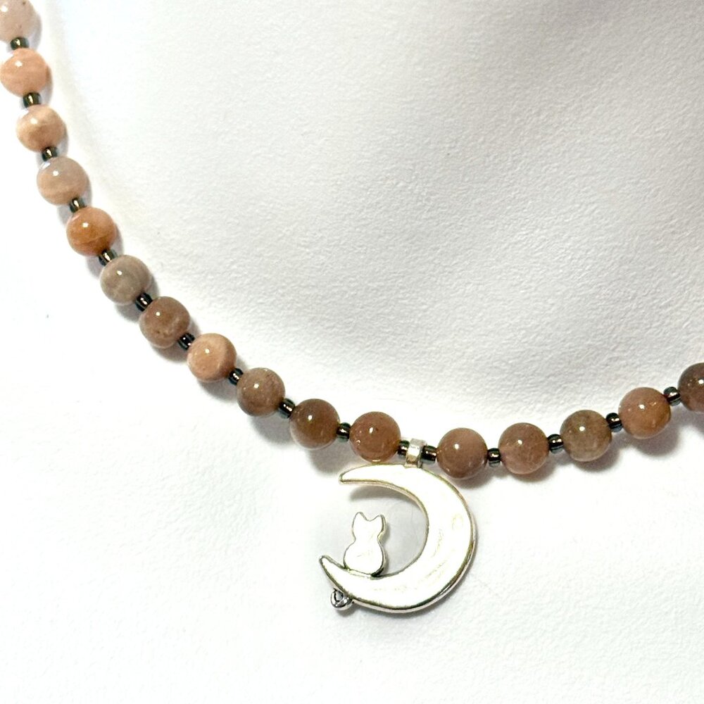 Peach Moonstone Silver Cat on the Moon Necklace, Genuine Gemstone Beaded Choker